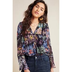 Anthropologie Vineet Bahl Metallic Embroidered Floral Blouse Size XS Black